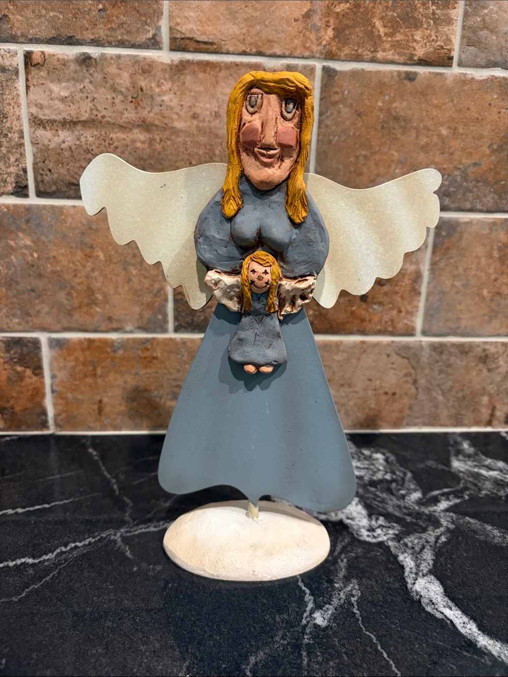 Handcrafted Folk Art Angel Figurine with Child - Signed